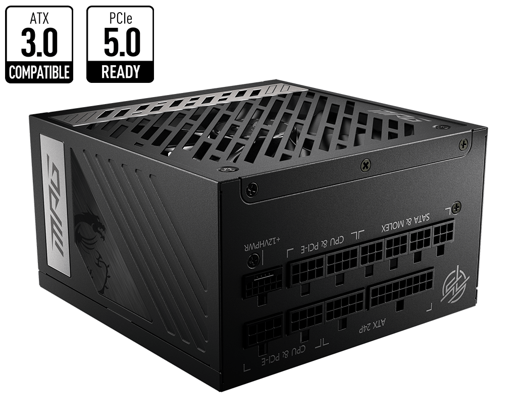 Блок питания MSI 1000W, MPG A1000G PCIE5, Full Modular, ATX, 80+ GOLD, КПД >90%, Fan 135mm, Черный