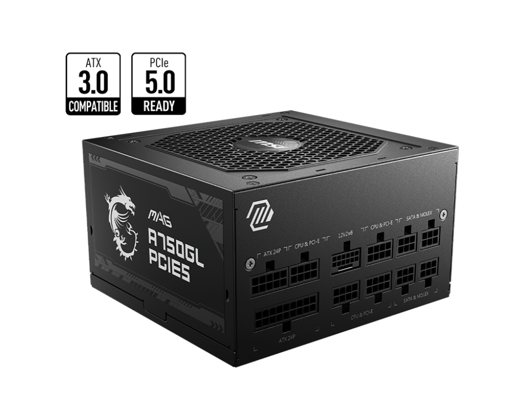Блок питания MSI  750W, MAG A750GL PCIE5, Full Modular, ATX, 80+ GOLD, КПД >90%, Fan 120mm, Черный