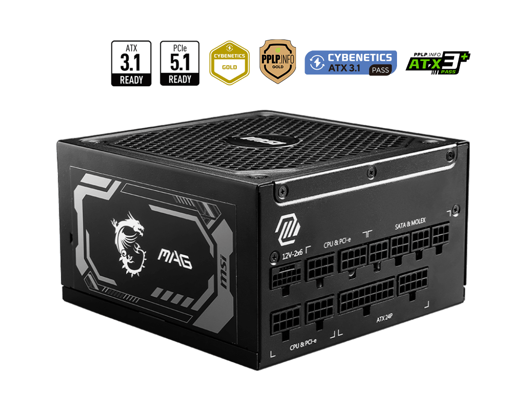 Блок питания MSI 1000W, MAG A1000GL PCIE5, Full Modular, ATX, 80+ GOLD, КПД >90%, Fan 135mm, Черный