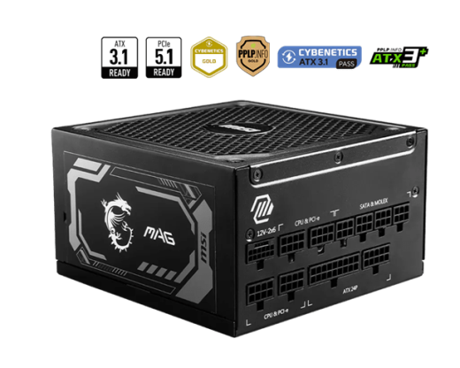 Блок питания MSI 1250W, MAG A1250GL PCIE5, Full Modular, ATX, 80+ GOLD, КПД >90%, Fan 135mm, Черный