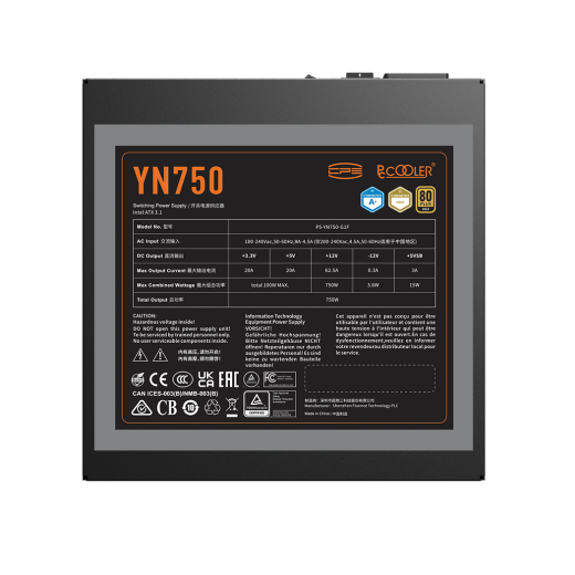 Блок питания PCCooler  750W, YN750, Full Modular, 80+ GOLD, ≥90.5%, Fan 135mm, Черный, P5-YN750-G1F