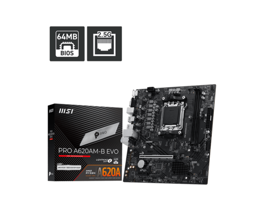 Материнская плата MSI PRO A620AM-B EVO AM5 2xDDR5 4xSATA3 RAID M.2 1xD-Sub 1xHDMI GLAN mATX
