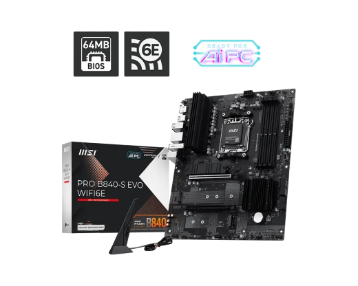 Материнская плата MSI PRO B840-S EVO WIFI6E AM5 B840 4xDDR5 4xSATA6G RAID 3xM.2 1xHDMI 1xType-C ATX