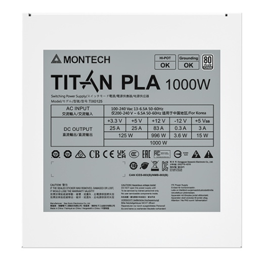 Блок питания Montech 1000W, TITAN PLA 1000W, Full Modular, 80+ PLATINUM, КПД 90%, Fan 135mm, Белый