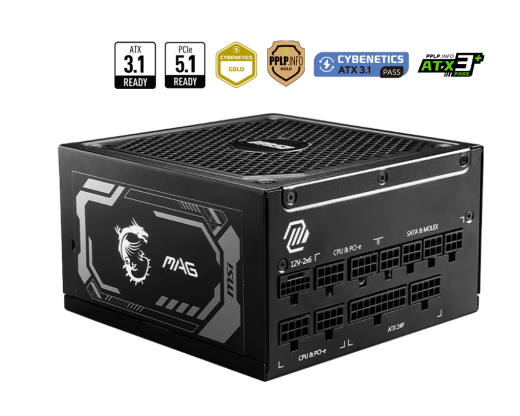 Блок питания MSI 1000W, MAG A1000GL PCIE5, Full Modular, ATX, 80+ GOLD, КПД >90%, Fan 135mm, Черный