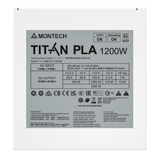 Блок питания Montech 1200W, TITAN PLA 1200W, Full Modular, 80+ PLATINUM, КПД 90%, Fan 135mm, Белый