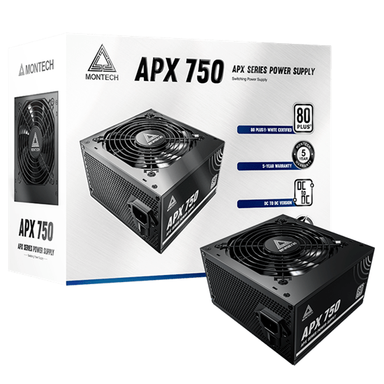 Блок питания Montech  750W, APX 750W, Non Modular, ATX, 80+ WHITE, КПД 90%, Fan 120mm, Черный