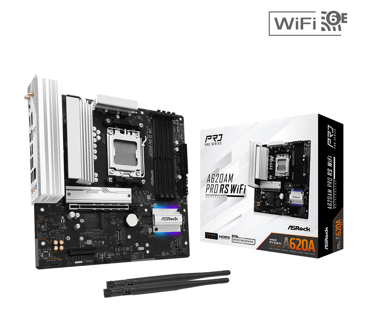 Материнская плата ASRock A620AM PRO RS WIFI AM5 4xDDR5 2xSATA3 RAID 3xM.2 Type-C HDMI DP WiFi6E mATX