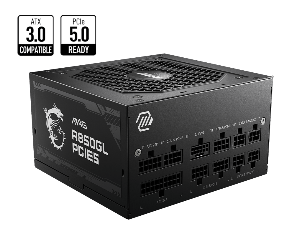 Блок питания MSI  850W, MAG A850GL PCIE5, Full Modular, ATX, 80+ GOLD, КПД >90%, Fan 120mm, Черный