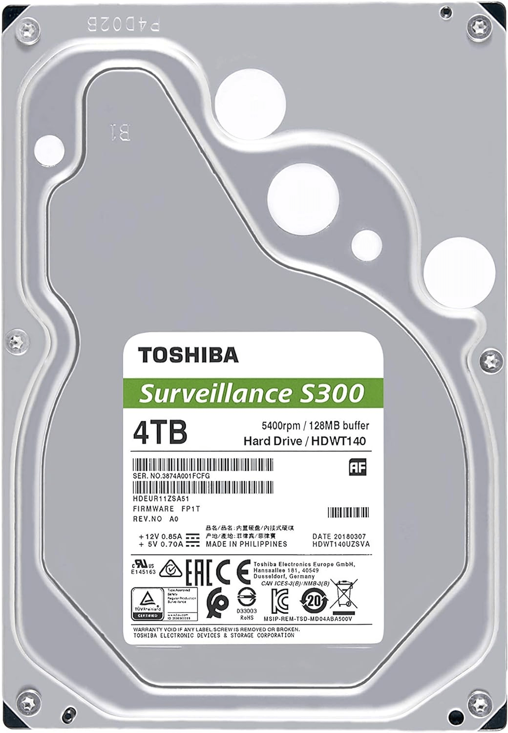 Жесткий диск для Видеонаблюдения HDD  4Tb TOSHIBA S300 Surveillance 5400rpm SATA3 3,5" HDWT840UZSVA