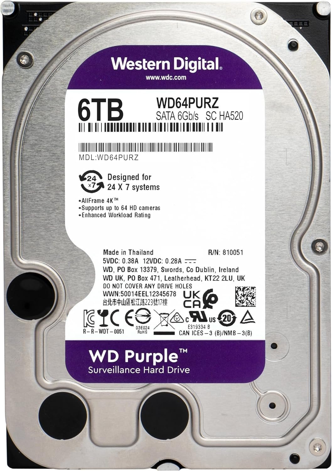 Жесткий диск для видеонаблюдения HDD  6Tb Western Digital Purple SATA 6Gb/s 256Mb 3,5" WD64PURZ