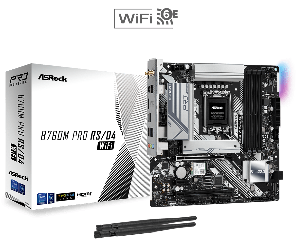 Материнская плата ASRock B760M PRO RS/D4 WIFI LGA1700 4xDDR4 4xSATA RAID 2xM.2 HDMI DP mATX