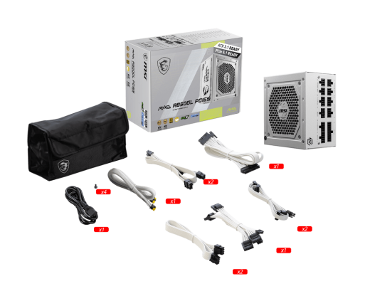 Блок питания MSI  850W, MAG A850GL PCIE5 WHITE, Full Modular, ATX, 80+ GOLD, >90%, Fan 120mm, Белый