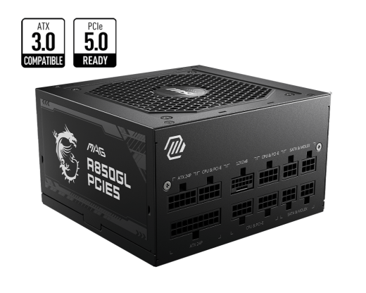 Блок питания MSI  850W, MAG A850GL PCIE5, Full Modular, ATX, 80+ GOLD, КПД >90%, Fan 120mm, Черный