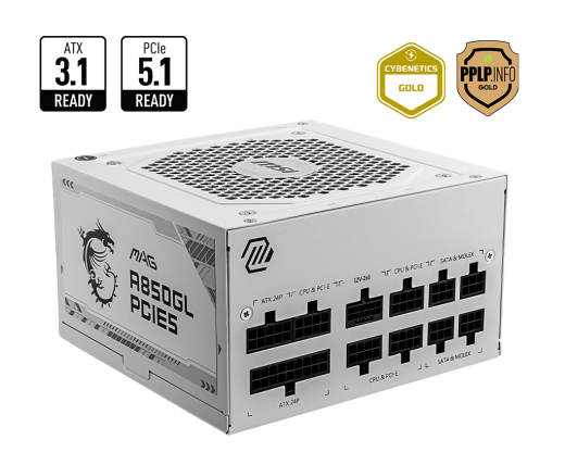 Блок питания MSI  850W, MAG A850GL PCIE5 WHITE, Full Modular, ATX, 80+ GOLD, >90%, Fan 120mm, Белый
