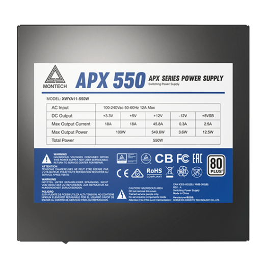 Блок питания Montech  550W, APX 550W, Non Modular, ATX, 80+ WHITE, КПД 90%, Fan 120mm, Черный