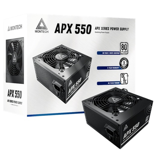 Блок питания Montech  550W, APX 550W, Non Modular, ATX, 80+ WHITE, КПД 90%, Fan 120mm, Черный