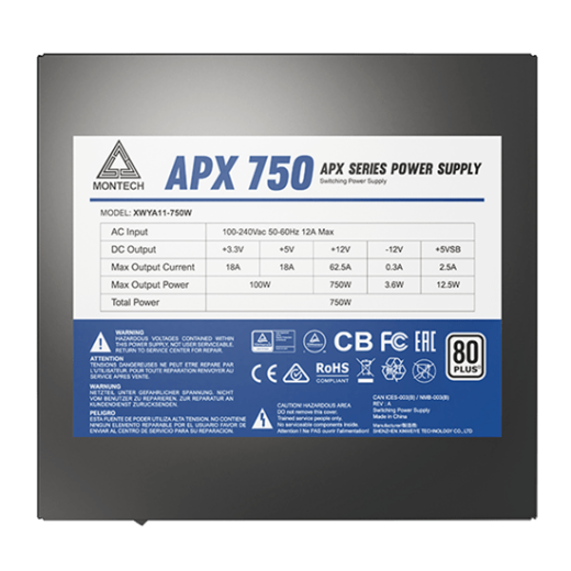 Блок питания Montech  750W, APX 750W, Non Modular, ATX, 80+ WHITE, КПД 90%, Fan 120mm, Черный