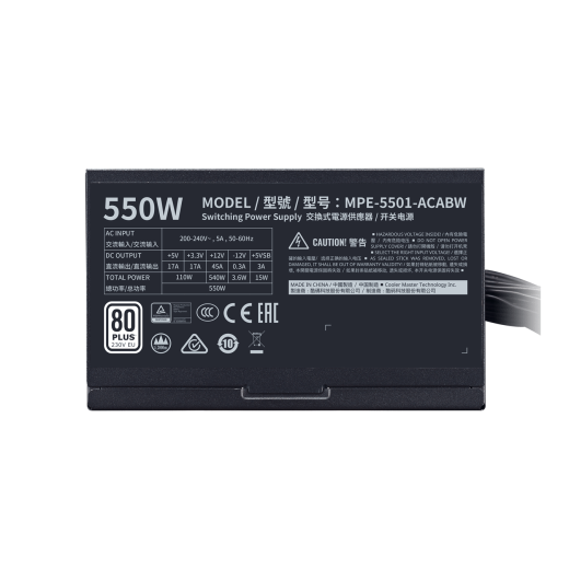 Блок питания CoolerMaster  550W, MWE 550 White 230V - V2, Non Modular, КПД 85%, MPE-5501-ACABW-EU